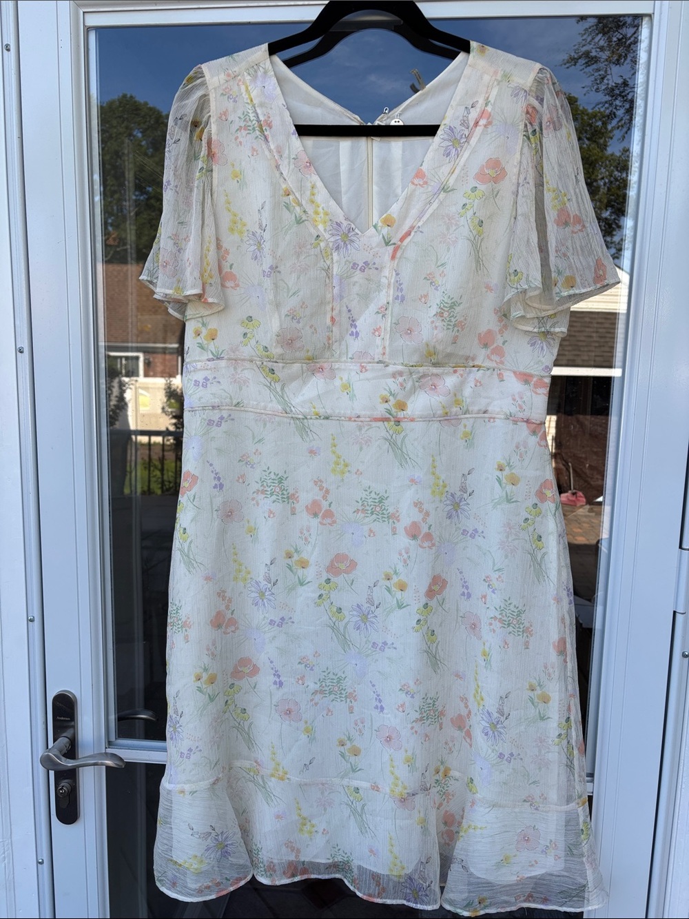 Margaret O'Leary Ivory Pastel Floral Print Flowy Sleeves Dress-L